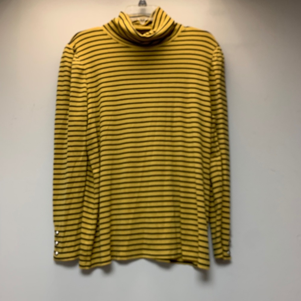 Talbots Turtleneck Top Women XL Petite Yellow Excellent Striped Ribbed Button